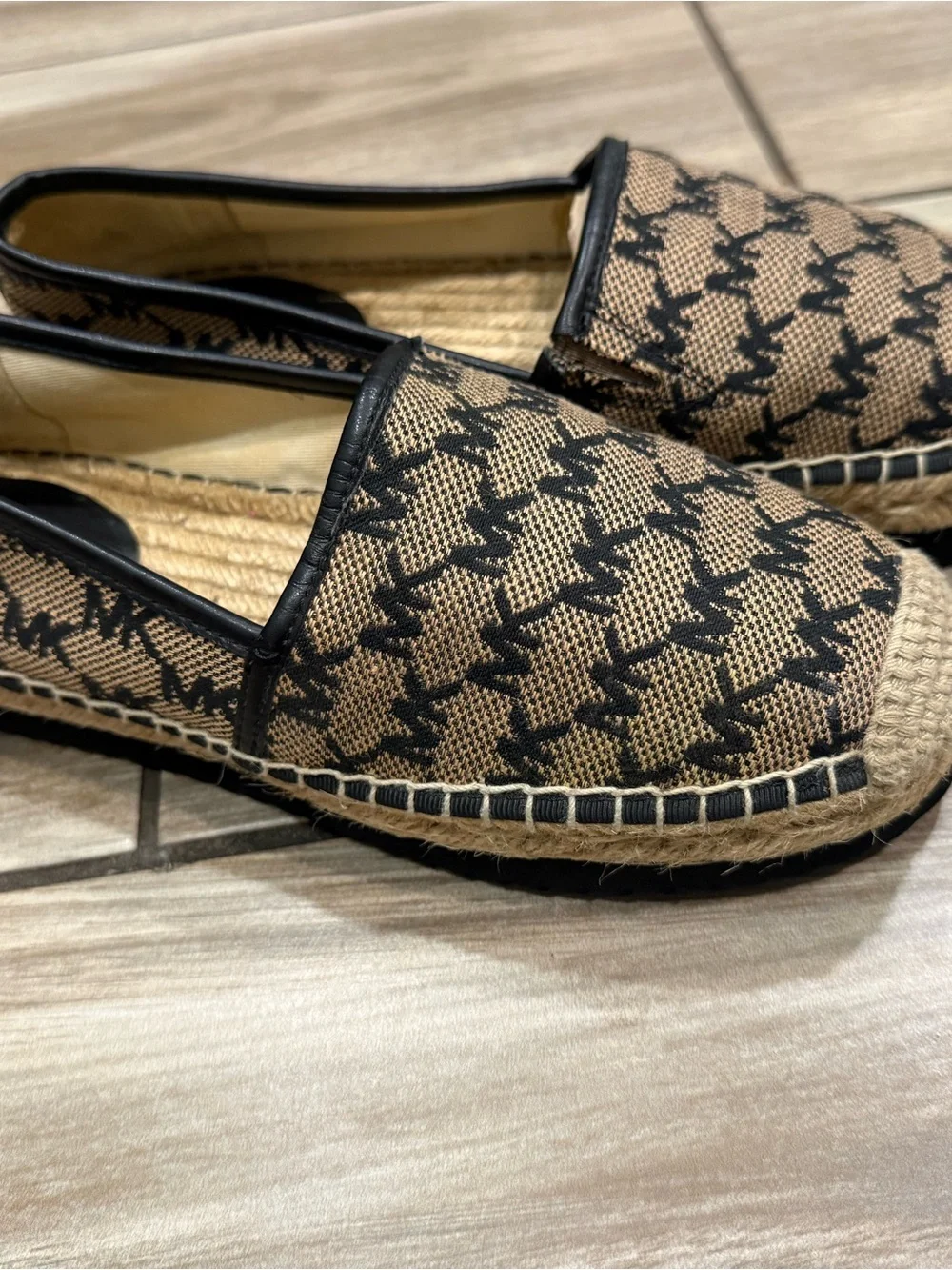 Michael Kors Tan and Black Monogram Espadrille Slip-Ons